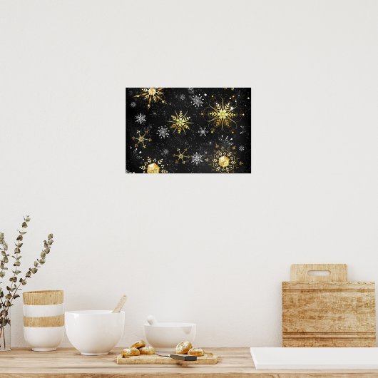 Xmas Golden Snowflakes op zwarte achtergrond Poster (Keuken)