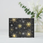 Xmas Golden Snowflakes op zwarte achtergrond RSVP Kaartje (Staand voorkant)