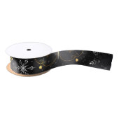 Xmas Golden Snowflakes op zwarte achtergrond Satijnen Lint (Spoel)