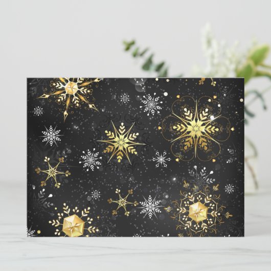 Xmas Golden Snowflakes op zwarte achtergrond Save The Date (Staand voorkant)