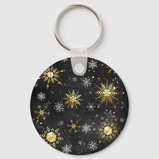 Xmas Golden Snowflakes op zwarte achtergrond Sleutelhanger (Voorkant)