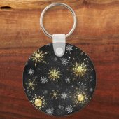 Xmas Golden Snowflakes op zwarte achtergrond Sleutelhanger (Voorkant)