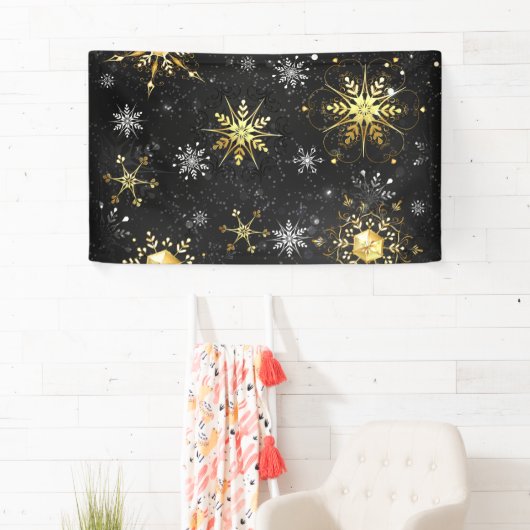 Xmas Golden Snowflakes op zwarte achtergrond Spandoek (Insitu)