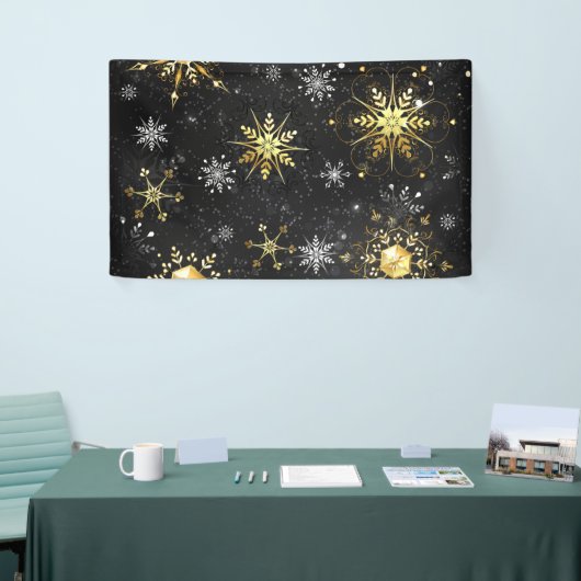 Xmas Golden Snowflakes op zwarte achtergrond Spandoek (Beurs)