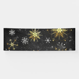 Xmas Golden Snowflakes op zwarte achtergrond Spandoek