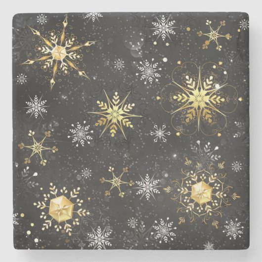 Xmas Golden Snowflakes op zwarte achtergrond Stenen Onderzetter (Voorkant)