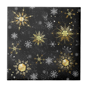 Xmas Golden Snowflakes op zwarte achtergrond Tegeltje