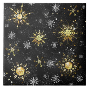 Xmas Golden Snowflakes op zwarte achtergrond Tegeltje