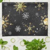 Xmas Golden Snowflakes op zwarte achtergrond Theedoek (Gevouwen)