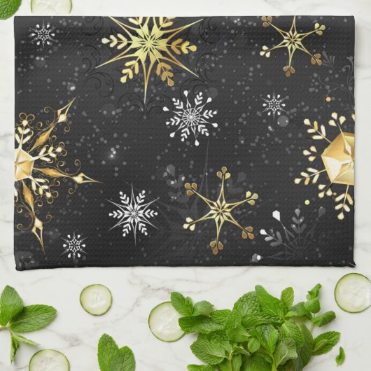 Xmas Golden Snowflakes op zwarte achtergrond Theedoek (Gevouwen)