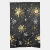Xmas Golden Snowflakes op zwarte achtergrond Theedoek (Verticaal)