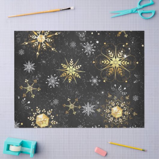 Xmas Golden Snowflakes op zwarte achtergrond Tissuepapier (Craft)