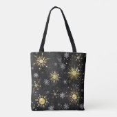 Xmas Golden Snowflakes op zwarte achtergrond Tote Bag (Achterkant)