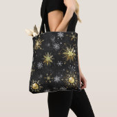 Xmas Golden Snowflakes op zwarte achtergrond Tote Bag (Dichtbij)