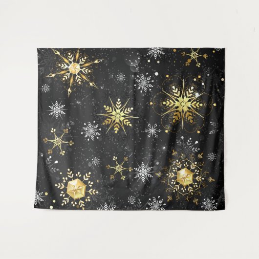 Xmas Golden Snowflakes op zwarte achtergrond Wandkleed (Voorkant (horizontaal))