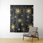 Xmas Golden Snowflakes op zwarte achtergrond Wandkleed (In situ)