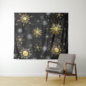 Xmas Golden Snowflakes op zwarte achtergrond Wandkleed (In Situ (horizontaal))