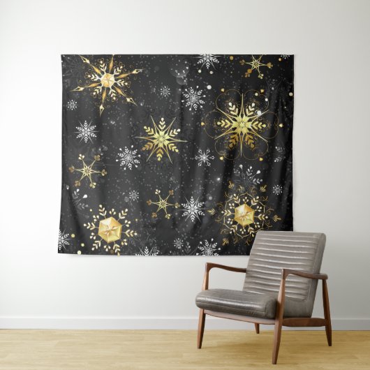 Xmas Golden Snowflakes op zwarte achtergrond Wandkleed (In Situ (horizontaal))