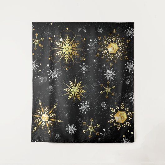 Xmas Golden Snowflakes op zwarte achtergrond Wandkleed (Voorkant)