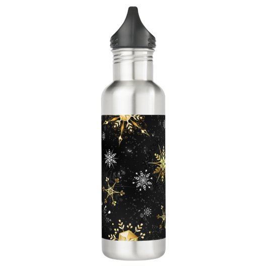 Xmas Golden Snowflakes op zwarte achtergrond Waterfles (Links)