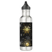 Xmas Golden Snowflakes op zwarte achtergrond Waterfles (Rechts)