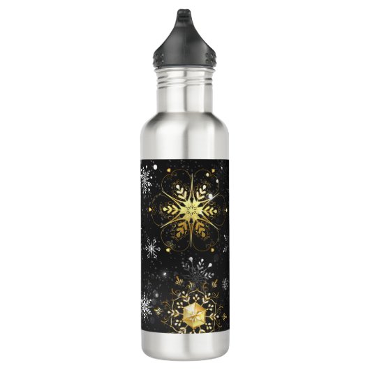 Xmas Golden Snowflakes op zwarte achtergrond Waterfles (Rechts)