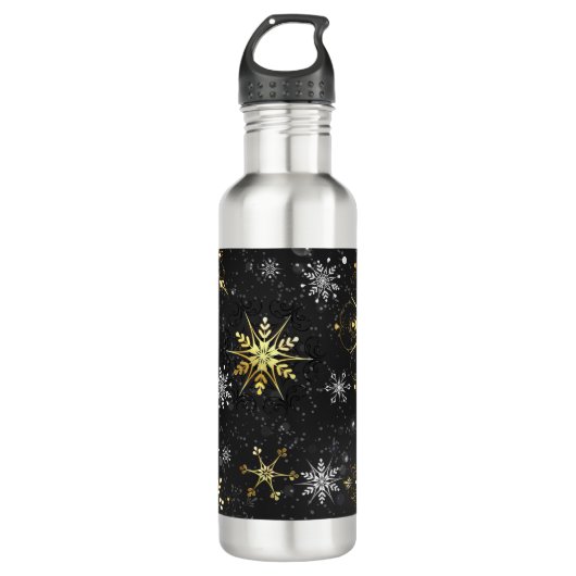 Xmas Golden Snowflakes op zwarte achtergrond Waterfles (Voorkant)