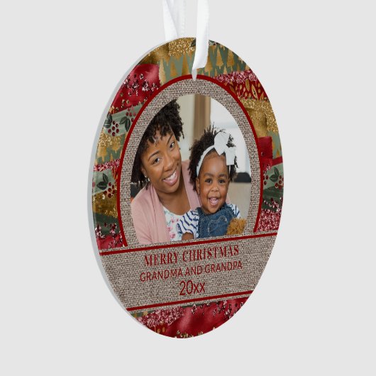 Xmas Grandma Grandpa Red Gold Green Brown Burlap Ornament (voorkant)