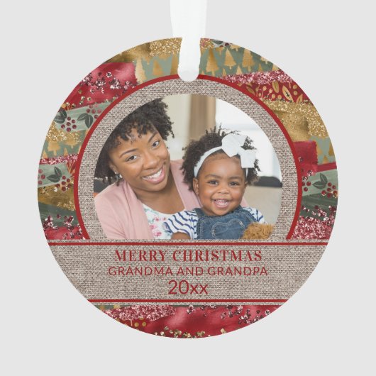 Xmas Grandma Grandpa Red Gold Green Brown Burlap Ornament (achterkant)