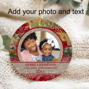 Xmas Grandma Grandpa Red Gold Green Brown Burlap Ornament