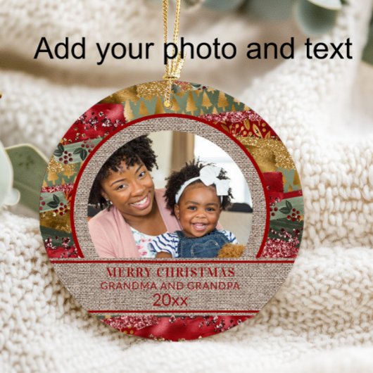 Xmas Grandma Grandpa Red Gold Green Brown Burlap Ornament