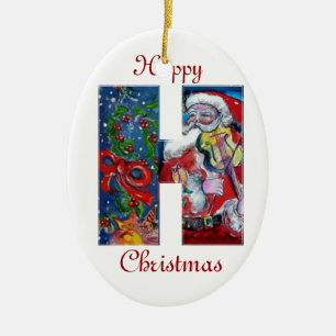 XMAS H LETTER/SANTA CLAUS MET VIOLIN MONOGRAM KERAMISCH ORNAMENT