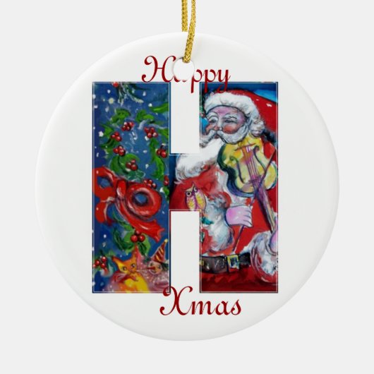 XMAS H LETTER/SANTA CLAUS MET VIOLIN MONOGRAM KERAMISCH ORNAMENT (Voorkant)
