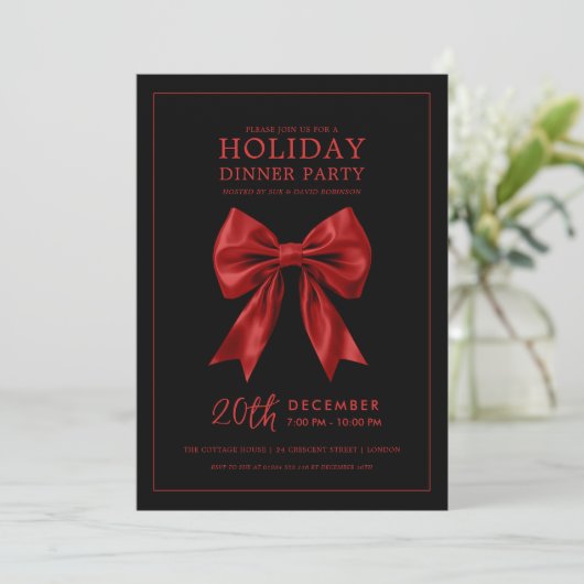 Xmas Holiday Dinner Party Red Satin Bow Black  Kaart (Staand voorkant)