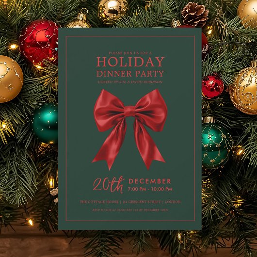 Xmas Holiday Dinner Party Red Satin Bow Green  Kaart