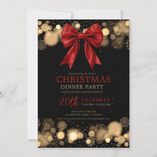 Xmas Holiday Dinner Party Winter Bow Red Gold Kaart (Voorkant)