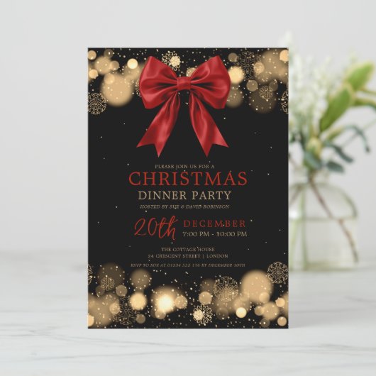 Xmas Holiday Dinner Party Winter Bow Red Gold Kaart (Staand voorkant)