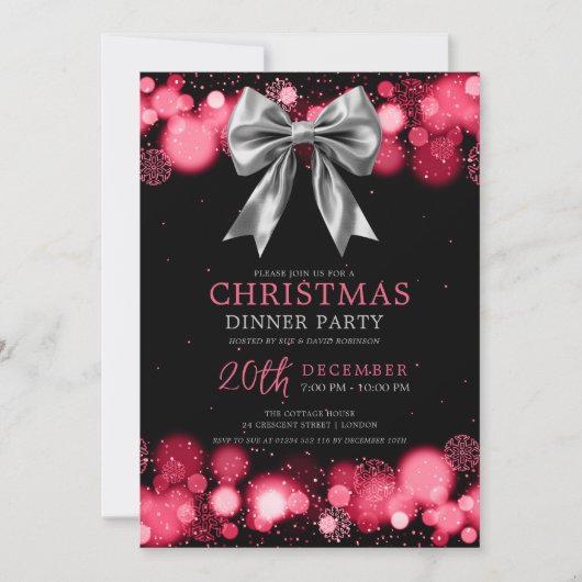Xmas Holiday Dinner Party Winter Silver Bow Red Kaart (Voorkant)
