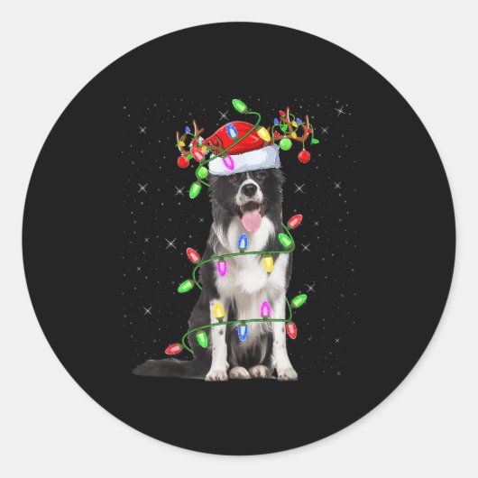 Xmas Holiday Lighting Santa Border Collie Dog Chri Ronde Sticker (Voorkant)