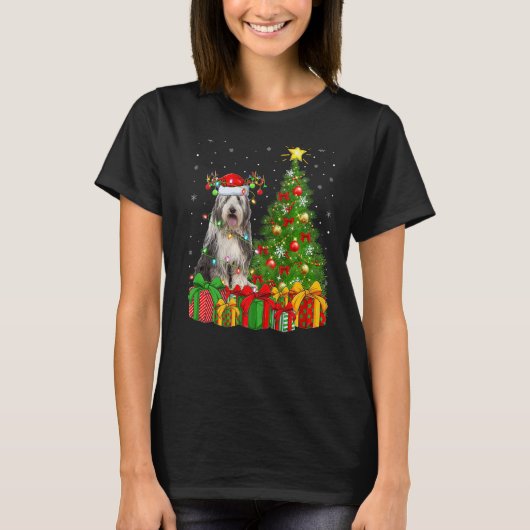 Xmas Holiday Lights Santa Bearded Collie Dog Chris T-shirt (Voorkant)