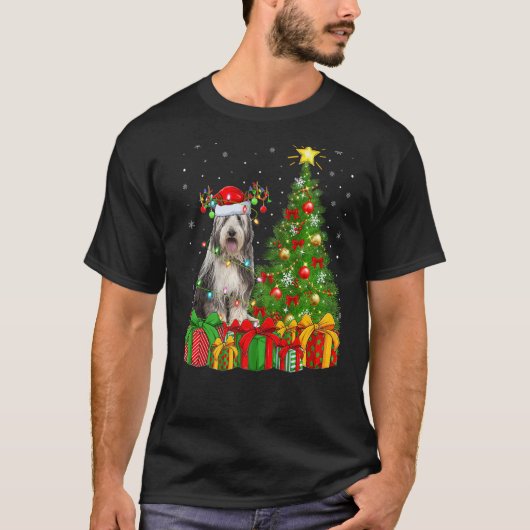 Xmas Holiday Lights Santa Bearded Collie Dog Chris T-shirt (Voorkant)