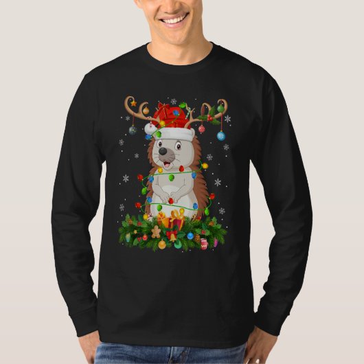 Xmas Holiday Reindeer Hat Santa Hedgehog Christmas T-shirt (Voorkant)