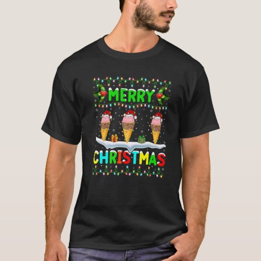 Xmas Ice Cream Lighting Santa Hat Merry Kerstmis T-shirt (Voorkant)