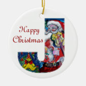 XMAS J LETTER/SANTA CLAUS MET VIOLIN MONOGRAM KERAMISCH ORNAMENT (Voorkant)