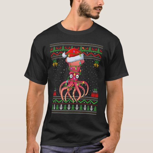Xmas licht lights Ugly Sweater Style Santa Squid C T-shirt (Voorkant)