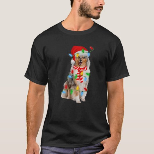 Xmas Lighting Holiday Santa Rough Collie Dog Chris T-shirt (Voorkant)