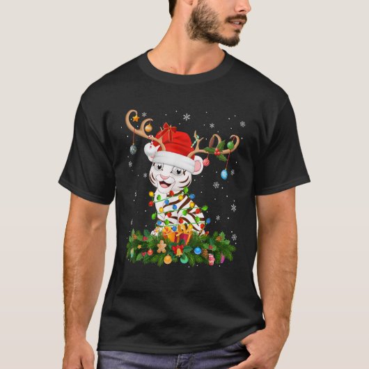 Xmas Lighting Reindeer Santa Hat White Tiger Chris T-shirt (Voorkant)
