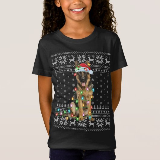 Xmas Lighting Santa Hat Ugly German Shepherd Chris T-shirt (Voorkant)