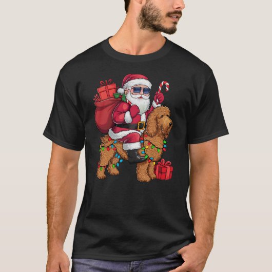 Xmas Lighting Santa Riding Goldendoodle Dog Christ T-shirt (Voorkant)
