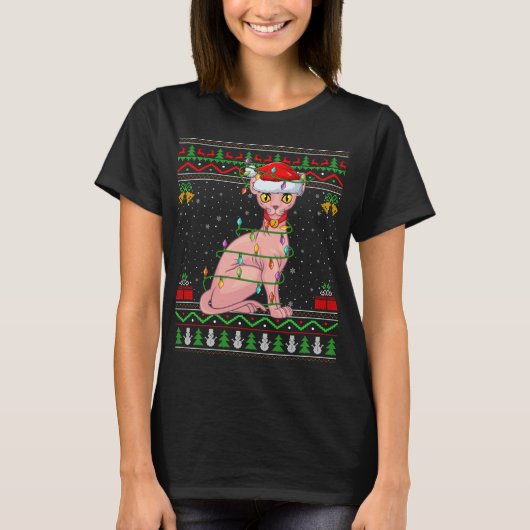 Xmas Lights Lelijke trui stijl Santa Sphynx Kat CH T-shirt (Voorkant)